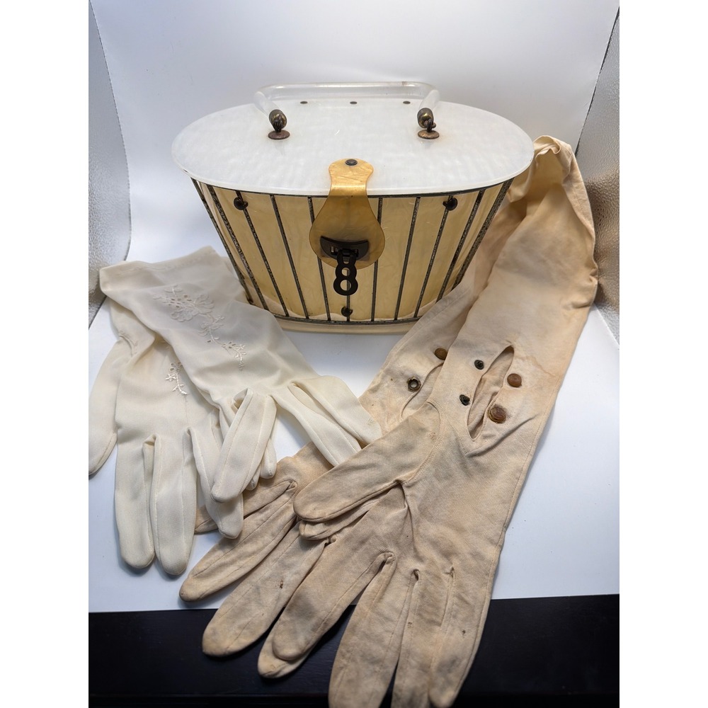 Vintage 1950s Lucite Cage Handbag Marbled White Pearlescent 2 Pair Formal Gloves